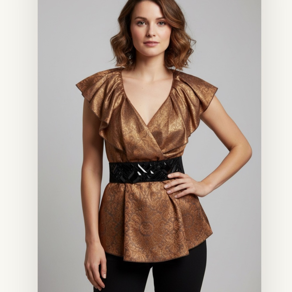 BCBG MaxAzria Y2K Vintage Jacquard Metallic Bronze Blouse with Black Belt